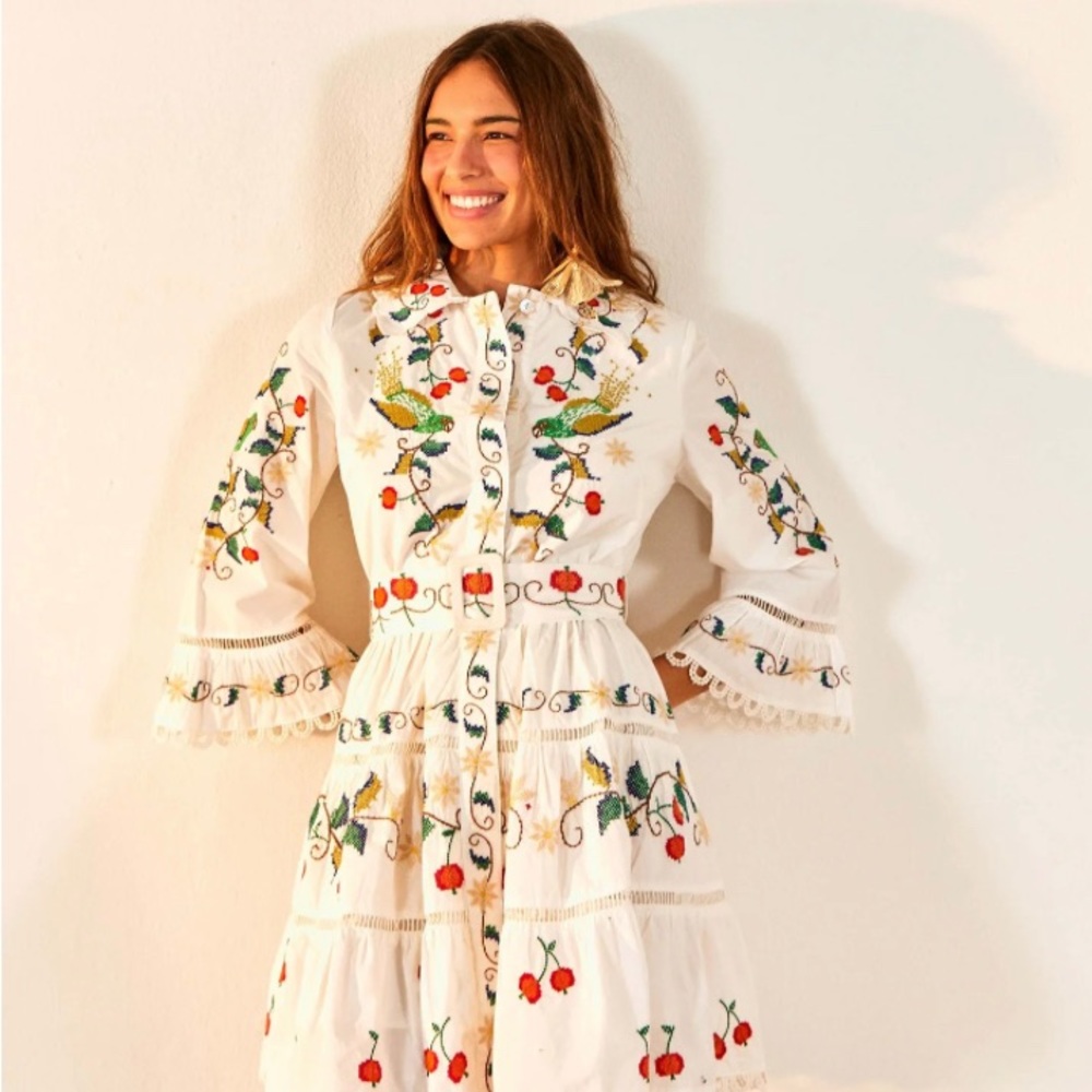 Pitanga Embroidered Belted Mini Dress Off-White - Picture 1 of 3